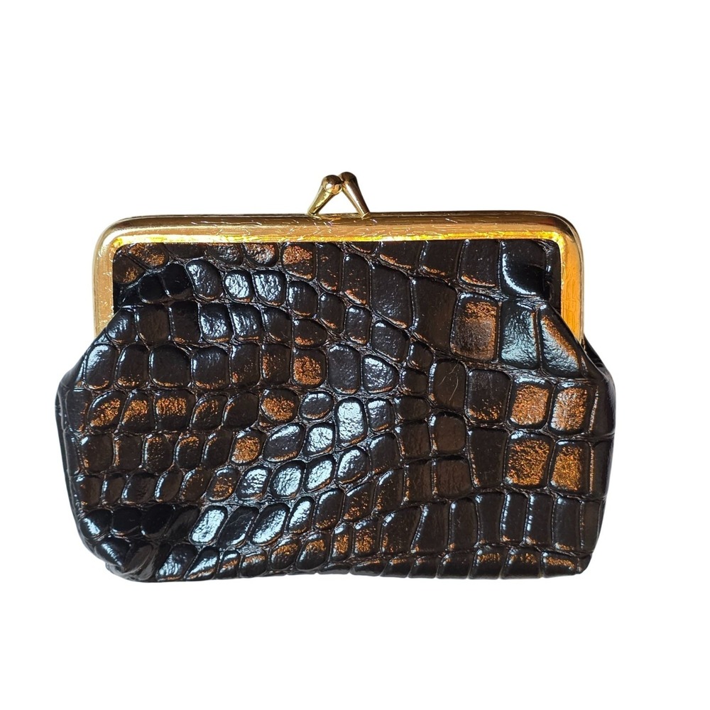 Vintage Black Faux Crocodile Coin Purse Gold Tone Kiss Lock Frame Clasp Wallet